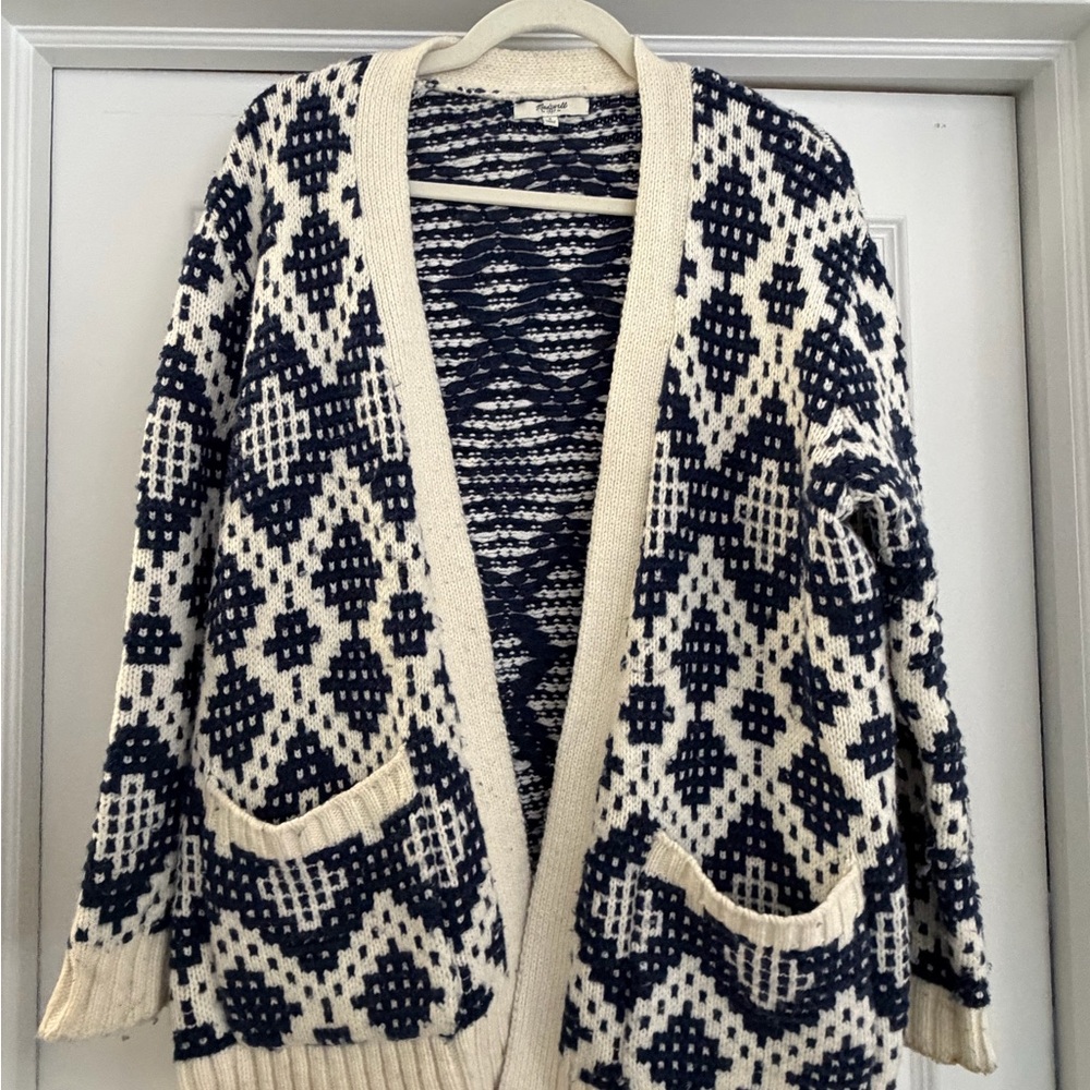 Madewell Navy and Cream Fair Isle Open Front Cardigan Size Small